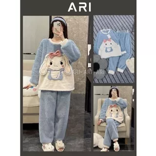 Set pyjama lông dáng dài rộng hình chú thỏ gắn nơ dễ thương - Bộ quần áo nữ phong cách trẻ trung năng động - ARI BL77