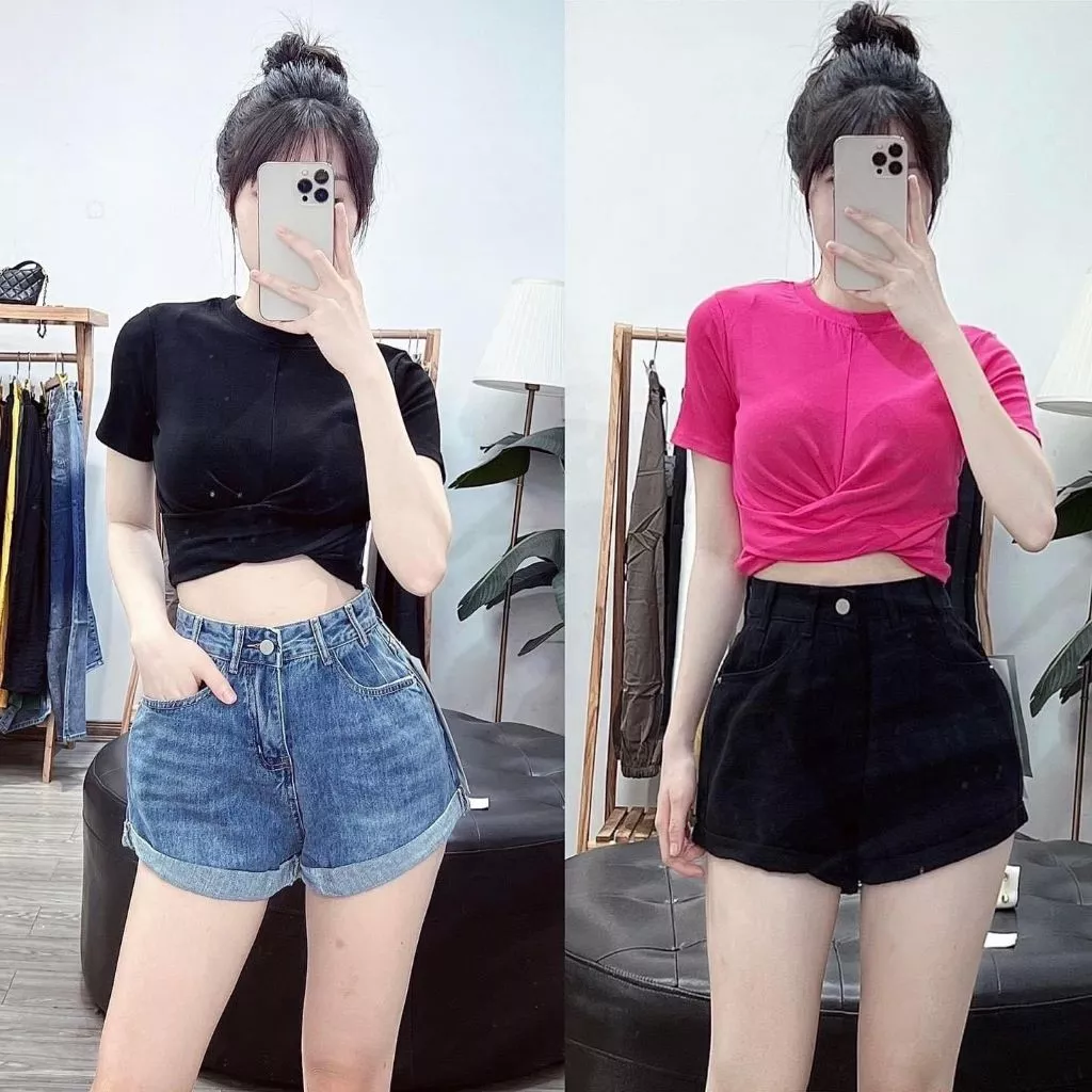 Quần đùi jeans nữ gập gấu cạp cao xinh xắn