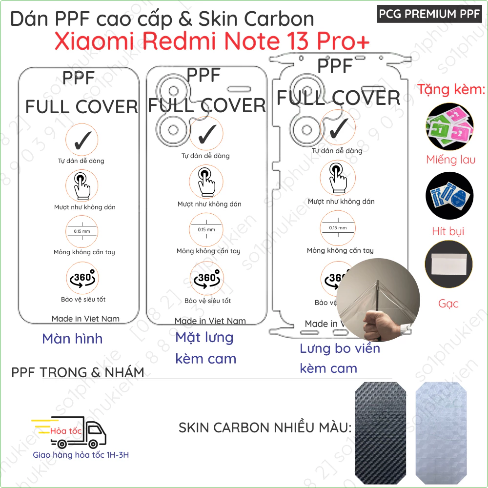 Dán PPF & Vân Carbon Xiaomi Redmi Note 13 Pro Plus (13pro+) cho màn hình,mặt lưng, full viền loại trong, nhám mờ chuẩn