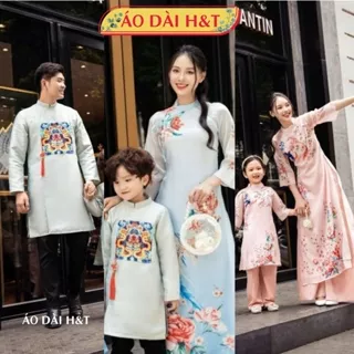 [Giao 2h HCM] Áo dài gia đình chất vải tafta/tơ kim sa thiết kế lạ mắt màu xanh và hồng – Áo dài H&T