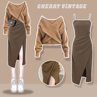 Áo len trễ vai vạt chéo phối cùng váy 2 dây xẻ tà hack dáng cực sang chảnh cherryvintage