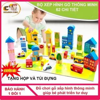 Đồ chơi gỗ xếp hình thông minh phát triển trí tuệ 62 chi tiết cho bé, mô hình thành phố, tặng hộp children store