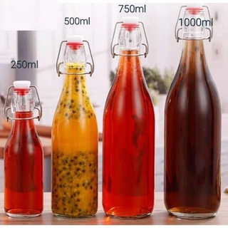 Chai Thủy Tinh 250ml Nắp Quai Cài Trong Suốt Dày Dặn Làm Tạo Ga F2 Kombucha, Kefir, Đựng nước Ép,Mật Ong Hàng Loại 1