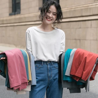 Áo thun nữ tay dài, Cổ tròn chất cotton 4 chiều JULY, Áo Phông nữ tay dài phom ôm nhẹ