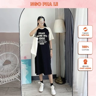 Đầm Rộng Bigsize | Đầm Bầu Tay Raglan Thun Cotton In Chữ PEACE Màu BE ĐEN