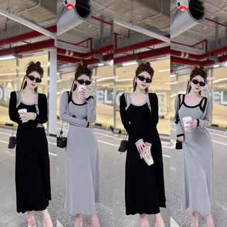 Set váy body 2 dây viền đen kèm áo khoác cardigan nữ tính