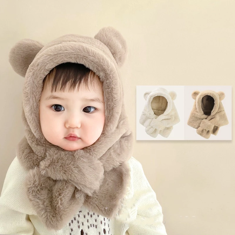 Mũ Lông Kèm Khăn Choàng Mềm Mại Kiểu Choàng Cổ Dày Dặn Chống Lạnh Màu Trơn Hình Gấu Dễ Thương Cho Bé