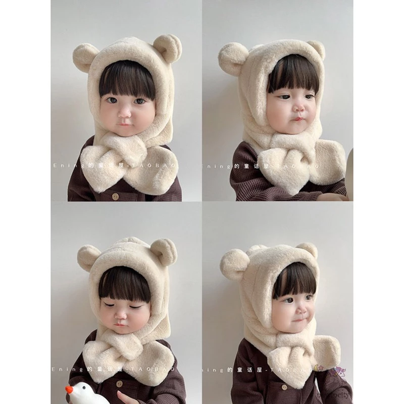 Mũ Trùm Đầu Kèm Mùa Đông Khăn Choàng Cổ Dày Dặn Chống Lạnh Màu Trơn Hình Gấu Dễ Thương Cho Bé