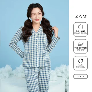 BỘ NGỦ SHE BY ZAM - TDKT5 -  BỘ DÀI TAY KẺ THÔ COTTON - MÀU XANH