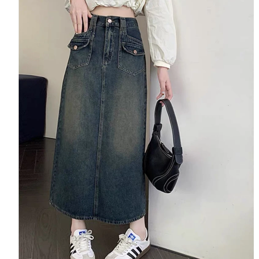 Chân váy jean  denim dáng dài chữ a lưng cao có túi phong cách Retro JUn store  Cvjean2tui212 P0K27