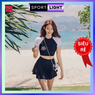 Đồ bơi nữ bikini đi biển áo tắm corptop cổ tròn tay cọc trắng phối váy xòe Sport Light 014