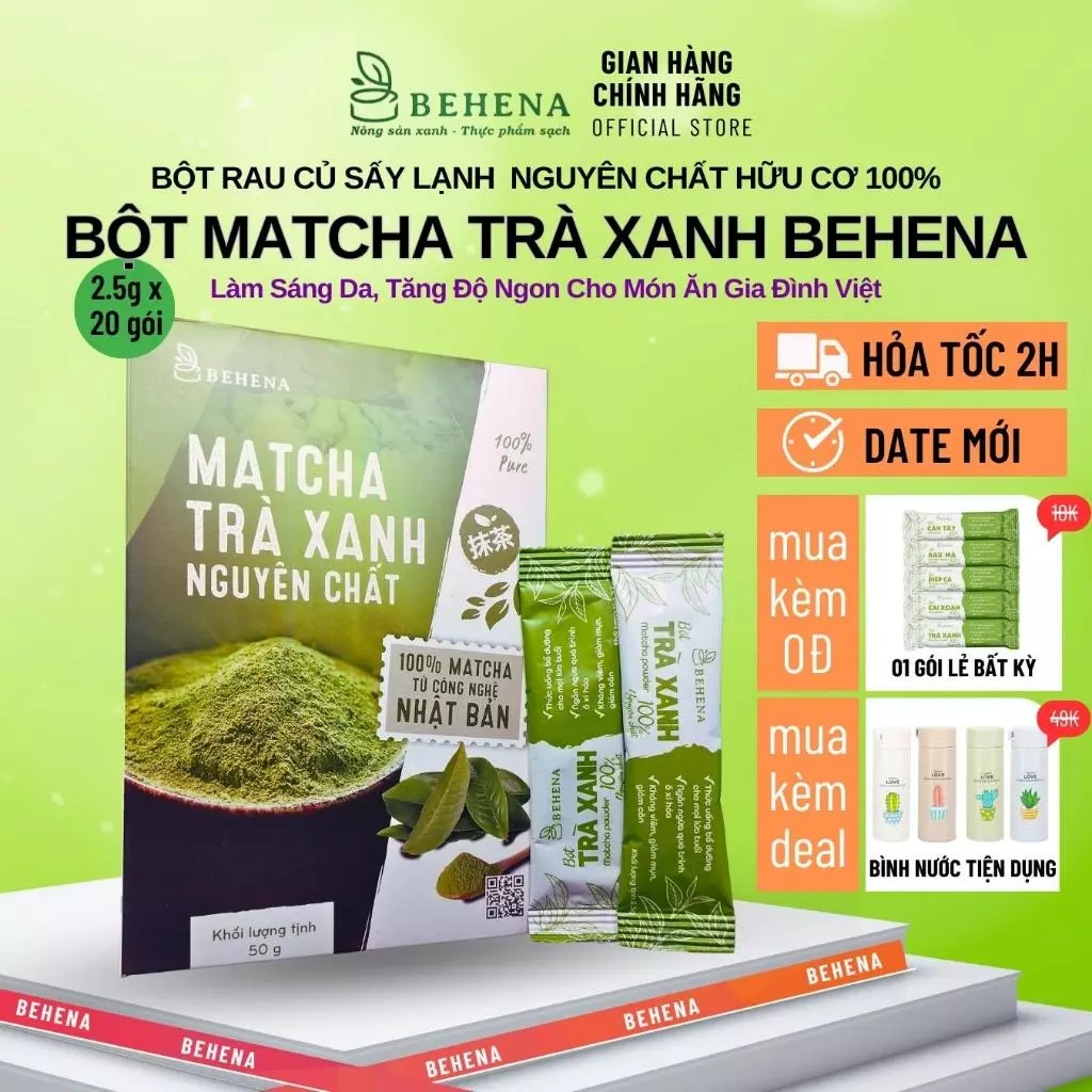 Bột Matcha Trà Xanh Behena 50g Chống Lão Hóa, Giảm Thâm Mụn, Làm Sạch Mụn, Dưỡng Trắng Da