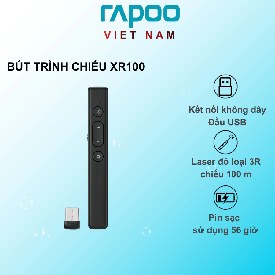 Bút trình chiếu Rapoo XR100 Laser đỏ loại 3R - pin sạc sử dụng 56 giờ