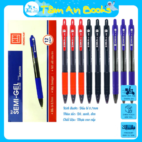 Bút bi Semi Gel 0.7mm Hồng Hà (2600/ 2606) mực Đen/ Xanh nét viết siêu êm- Tâm An Books