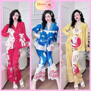 (40-68kg) °Latin Tơ.Tằm° Đồ bộ Pijama Noel Giáng sinh Tay Dài Quần Dài, Bộ ngủ Lụa Thiết Kế họa tiết Dễ thương Đẹp Sang