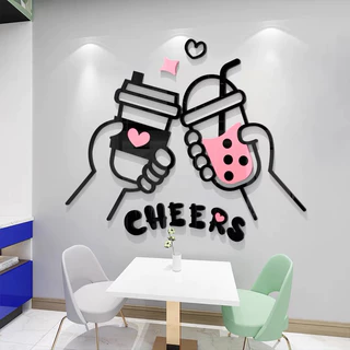 Tranh dán tường mica dán nổi hello milk tea trang trí quán cafe, trà sữa, ăn vặt, quán ăn nhanh