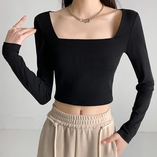 Áo croptop polo nữ tay dài cổ vuông vải cotton bozip co dãn, Áo polo crop top nhiều màu trắng đen tí