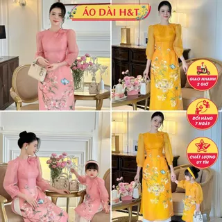 [Giao 2h HCM] Áo dài cách tân phối cổ nơ, thiết kế 4 tà trên nền vải tơ, hoạ tiết đính kết nổi xuất sắc- Áo dài H&T