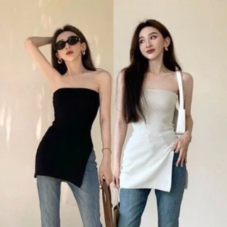 Áo ống thun nữ xẻ tàÁo ống nữ dáng dài xẻ tà ôm sexy chất thun cotton màu trơn đơn giản Áo ống body nữ áo quây dáng dài