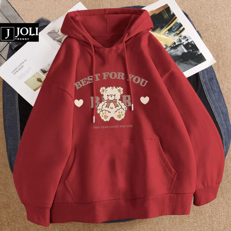 Áo Hoodie Gấu Bear Nam Nữ By JOLI Unisex Chất Nỉ Lót Bông Mũ 2 Lớp Form Rộng