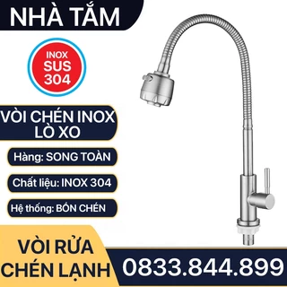 Vòi Rửa Chén Lò Xo Inox 304 Nước Lạnh, Vòi Chén Cổ Lò Xo Tăng Áp Inox 304 Cổ 18mm - Chân ren 21