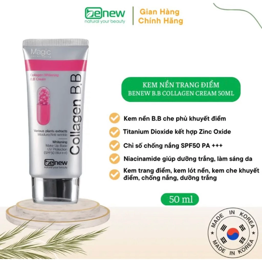 Kem nền trang điểm trắng da, lâu trôi Benew BB Collagen Whitening 50ml Hàn quốc - MỸ PHẨM CHÍNH HÃNG