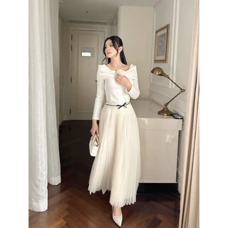 Chân Váy Nữ Dài Xếp Li Trắng ELYSNIE phối nơ BABI SKIRT