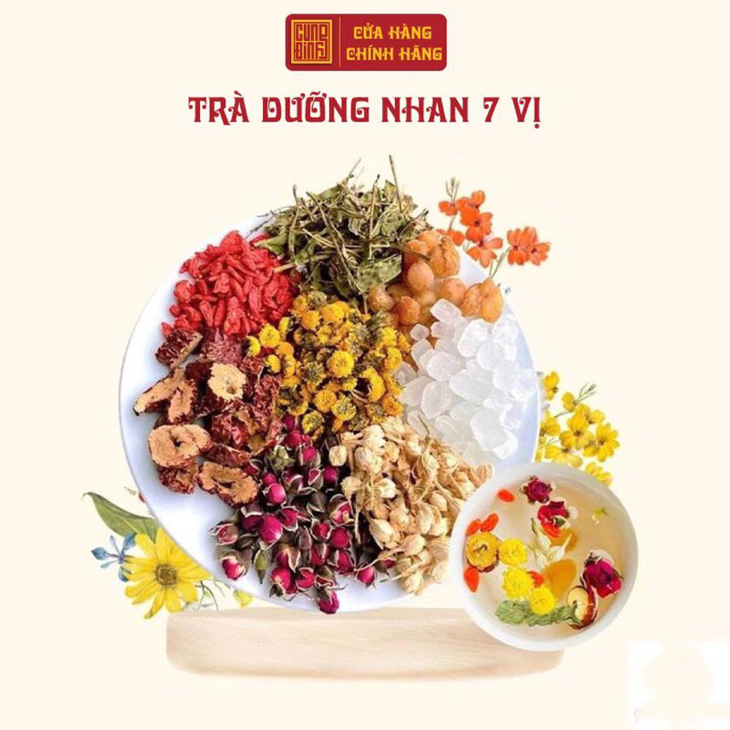 Trà dưỡng nhan Cung Đình 7 vị nguyên chất gồm hoa cúc, nụ hoa hồng, hoa nhài, cỏ ngọt, kỷ tử, táo đỏ, long nhãn