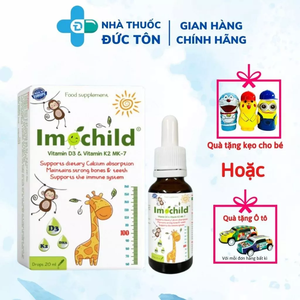 Siro Nhỏ Giọt Imochild D3K2 - Bổ Sung D3 K2 MK7, DHA, Hấp Thu Canxi, Tăng Chiều Cao, Tăng Sức Đề Kháng (Lọ 20ml)