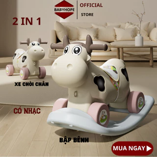 Ngựa bập bênh hình bò sữa 2 in 1 vừa bập bênh vừa xe chòi chân có nhạc và đèn BABYHOPE