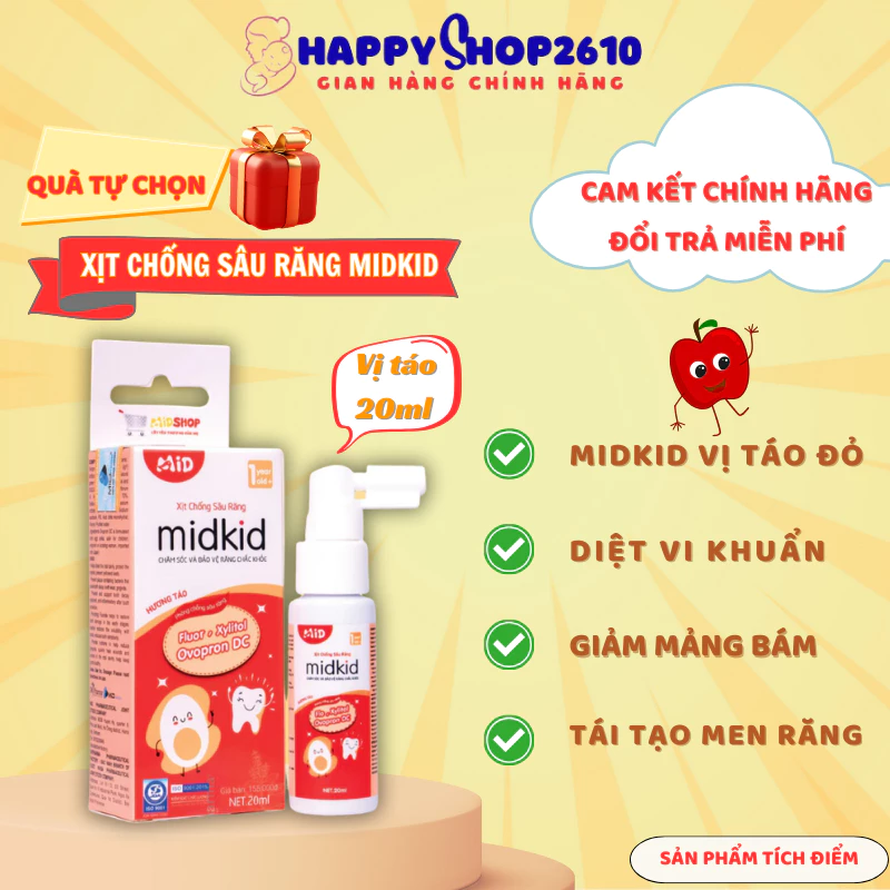 Xịt chống  sâu răng Midkid vị táo 20ml cho bé từu 1 tuổi, giúp bảo vệ răng cho bé - Happy Shop