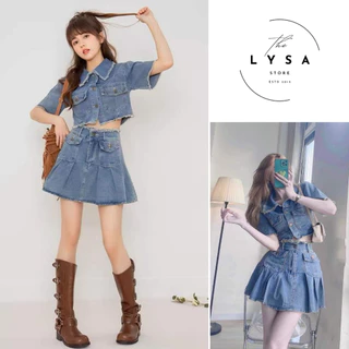 Set váy jeans nữ xếp ly có quần lót trong, chân váy bò chữ A chất dày dặn dáng ngắn túi trước Lysa Store