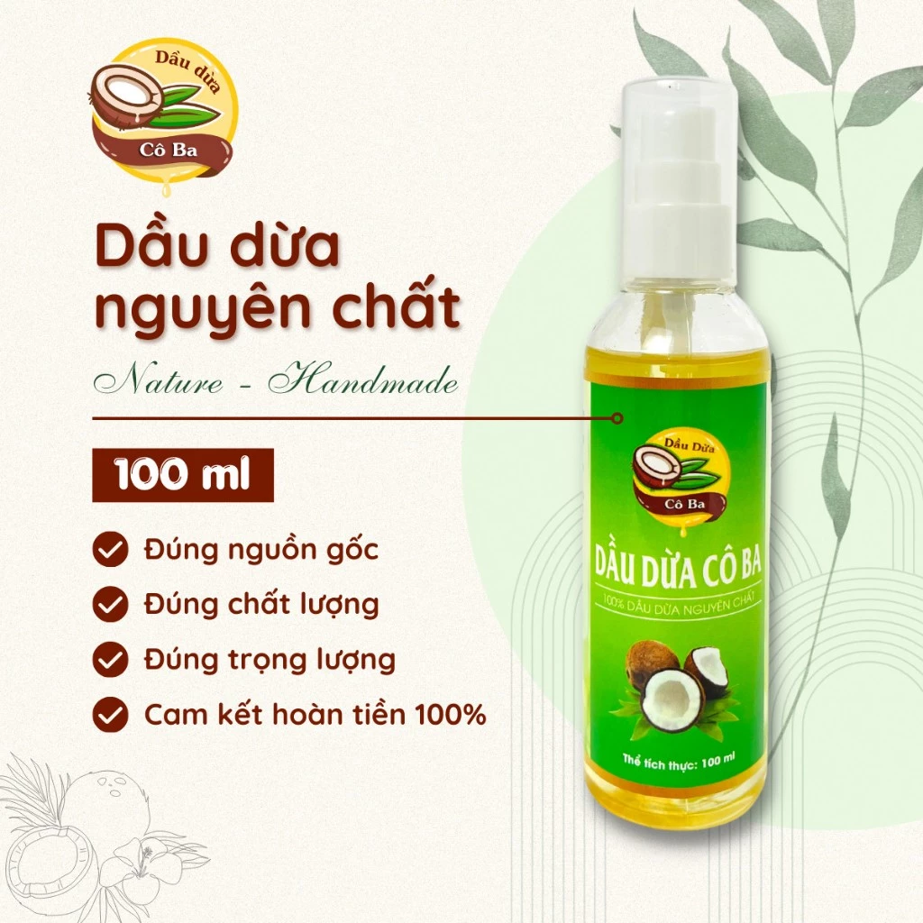 Dầu dừa nguyên chất 100% Bến Tre 100ml - Dầu dừa dưỡng da, tóc, môi, mi, ngừa rạn da