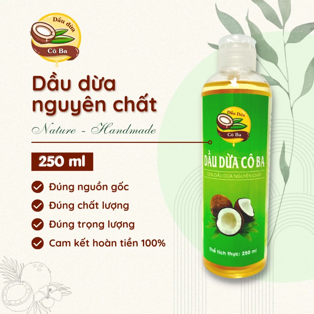 Dầu dừa nguyên chất 100% Bến Tre 250ml - Dầu dừa dưỡng da, tóc, môi, mi, ngừa rạn da