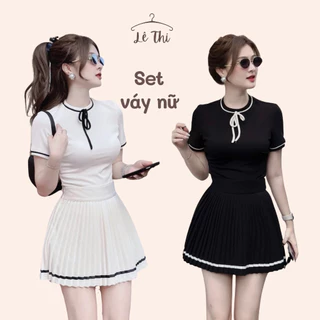 Set váy nữ tiểu thư phối viền nơ xinh, chân váy xếp ly mix áo đi tiệc đi chơi|Lê Thi Clothing