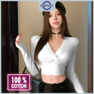 Áo croptop kiểu nữ tay dài ôm body cổ v cotton Ozenka , áo crt sang chảnh màu đen trắng  gợi cảm mặc đi học đi chơi