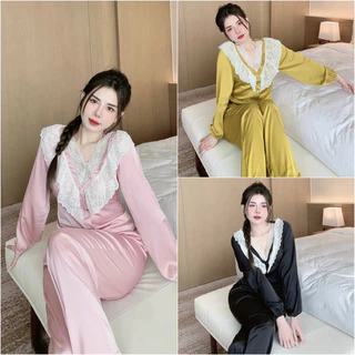 Set đồ ngủ pijama cổ V phối ren (có bo chun nhún) siêu tôn dáng về nhiều màu sang xịn