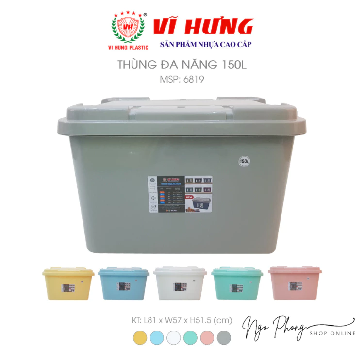 Thùng đa năng 150L Vĩ Hưng, Kích thước lớn, chứa đựng nhiều hơn, gài chắc chắn, tiện lợi.