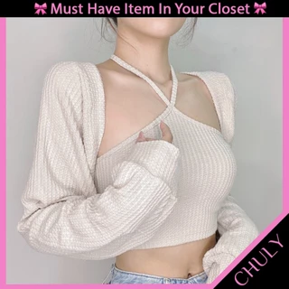 Set Áo Croptop Cổ Yếm Kèm Áo Khoác Cardigan Tay Bồng Phong Cách Hàn Quốc - Chuly