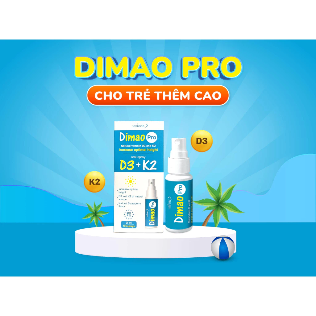 Dimao Pro D3 K2 dạng xịt, hỗ trợ tăng chiều cao Valens Dimao Pro Spray D3k2, tăng cường hấp thu Canxi cho Bé.