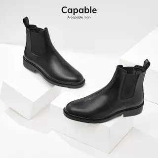 Giày da nam công sở cao cổ Chelsea Boot CAPABLE màu đen mũi tròn đế cao su chất liệu da bò cao cao cấp