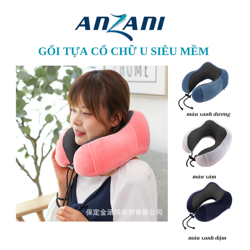 Gối Kê Cổ Chữ U Anzani cao su non mềm mại đàn hồi tốt, vỏ mềm mịn êm ái thoáng khí dành cho dân văn phòng, du lịch