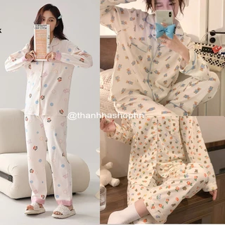 Bộ đồ pyjama dài tay mặc nhà nữ đũi xốp hình đáng yêu cho mùa thu đông