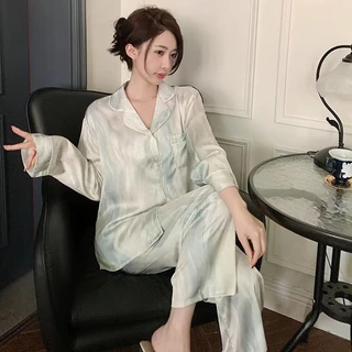 [LD12] Bộ Ngủ Nữ Pijama Lụa Xanh Sóng Dài Tay, Nữ Tính Phong Cách Hàn Quốc (HÀNG QUẢNG CHÂU)