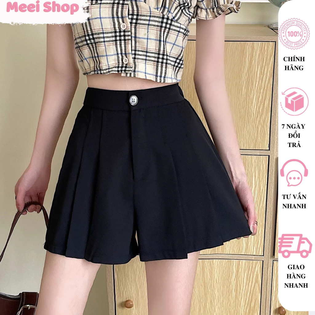 Quần short xếp ly lưng cao nữ Meei Shop, Quần sọt nữ lưng chun chất tuyết mưa dày dặn đứng from ( kèm hình thật)-QS5-