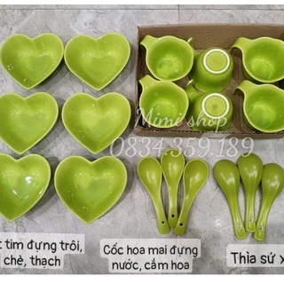 Bộ bát tim, cốc hoa mai, thìa màu xanh bơ decor