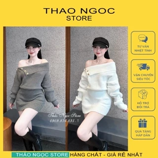 Đầm len body trễ vai tay dài phồng phối nút hàng nhập! (có sẵn, hình thật) THẢO NGỌC STORE