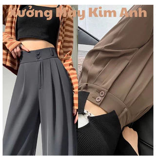 [Quần Ống Rộng Lưng Cao 2 Khuy-Dáng Dài 100cm], Culottes nữ Cạp Cao 7cm Vải co giãn nhe.