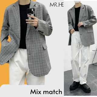 Áo blazer nam kẻ caro Thời Trang Hàn Quốc BZ02 M.RO màu xám dài tay