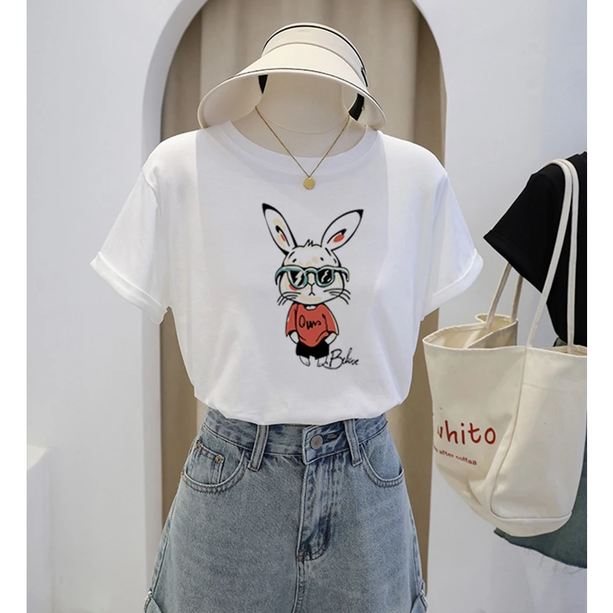 Áo Thun Cổ Tròn Nữ – Cotton Siêu Mịn – Co Giãn Tối Ưu, In Hình THỎ TRẮNG